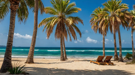 Paradise beach with palm trees and sun loungers.の写真素材