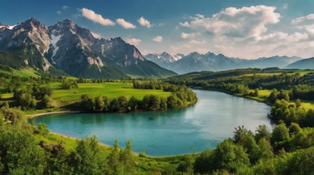 panoramic view of alpine lake and mountains in summer timeの写真素材