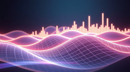 abstract 3d illustration of sound waves in blue and pink colorsの写真素材