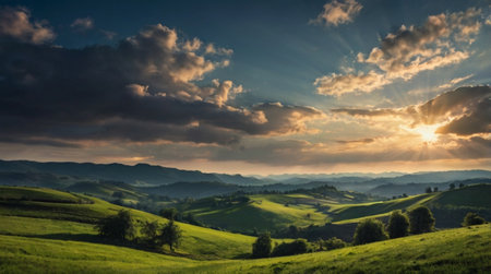 Beautiful sunset over the rolling hills of Tuscany, Italy