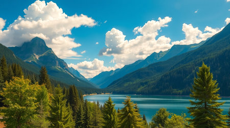 Panoramic view of Lake Louise in Banff National Park, Alberta, Canadaの写真素材
