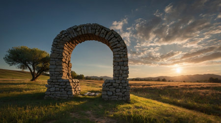 Old stone arch in the field at sunset, Sardinia, Italyの写真素材