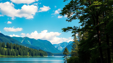 Beautiful view of lake in the mountains. Summer landscape with blue sky.