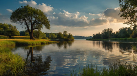 beautiful summer landscape with river, trees and blue sky with cloudsの写真素材