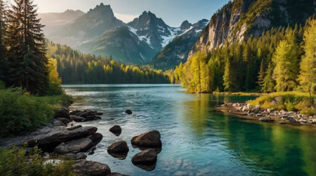 Beautiful panoramic view of a mountain lake in the Alpsの写真素材