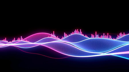 abstract 3d illustration of colorful sound wave on black background with copy space