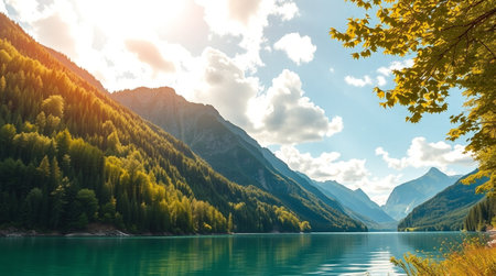 Beautiful lake in the mountains at sunset. Nature landscape background.の写真素材