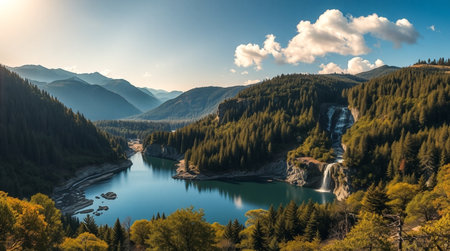 Panoramic view of a mountain lake with a waterfall in the foregroundの写真素材