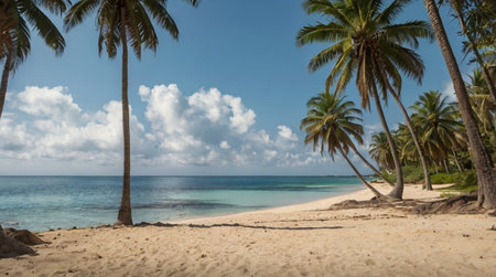 Tropical beach with coconut palm trees at Seychellesの写真素材