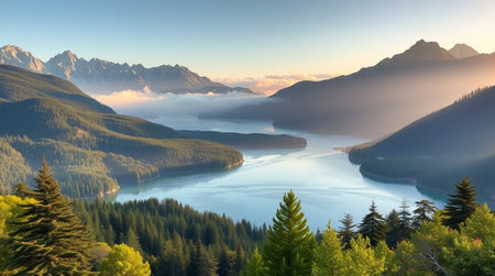 Mountain lake in the morning. Panoramic view of the mountain lake.