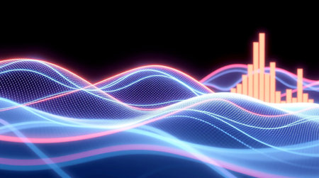 3d rendering of equalizer wave on black background. Sound waveform with glowing particles
