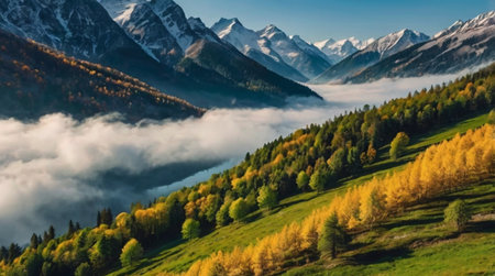 Beautiful autumn alpine landscape with foggy valley and mountains.の写真素材