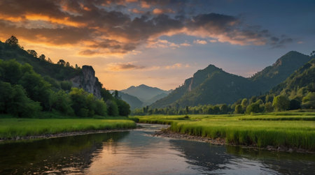 Beautiful sunset over the mountain river. Landscape with the image of a mountain riverの写真素材
