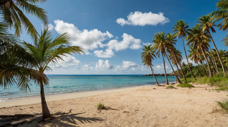 Coconut palm trees on a tropical beach in Seychellesの写真素材