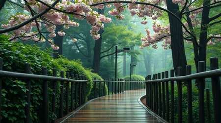 Wooden bridge in spring garden with pink cherry blossoms and treesの写真素材