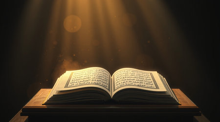 Opened book on wooden table with rays of light. 3d renderingの写真素材