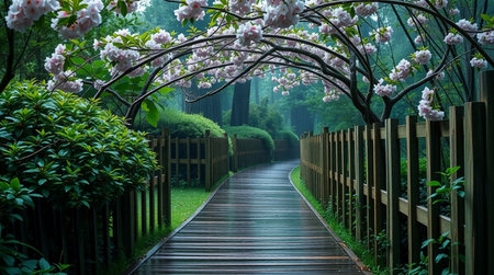 Wooden walkway in the park with beautiful pink flowers in the morningの写真素材