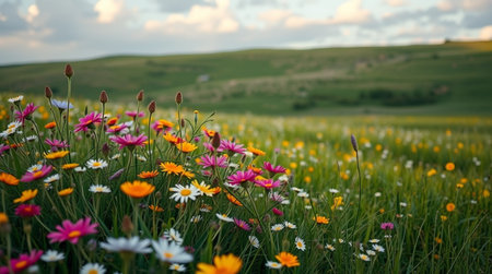 Meadow with daisies and chamomiles at sunset