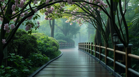 Wooden bridge in the garden with blooming sakura flowers.の写真素材