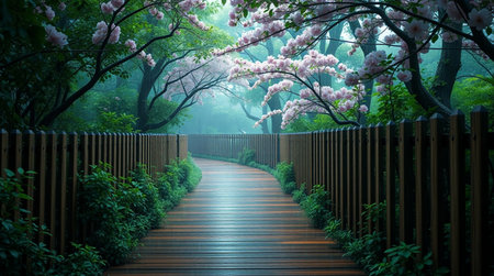 Wooden pathway in the park with pink sakura blossoms.の写真素材