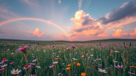 Rainbow over a meadow with wildflowers at sunset.