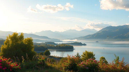Beautiful landscape with lake and mountains in the background at sunrise, Switzerlandの写真素材