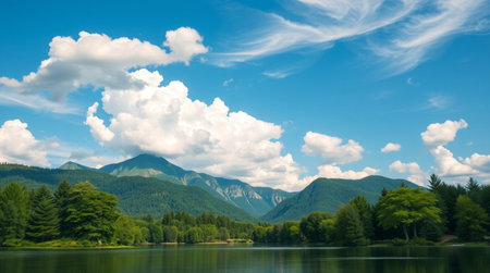 Landscape of lake and mountains with clouds in the blue sky.