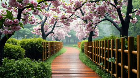 Wooden bridge and cherry blossoms in the garden,3d renderの写真素材