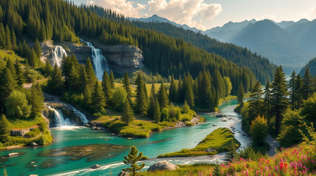 Mountain landscape with a waterfall in the Altai Republic, Russiaの写真素材