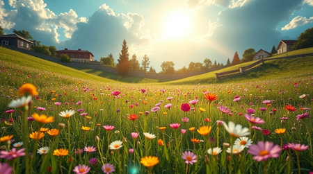 Beautiful meadow with colorful flowers at sunset. Panoramic viewの写真素材