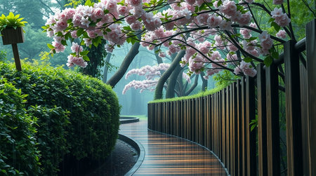 Beautiful blooming sakura flowers in spring garden with wooden pathwayの写真素材