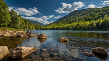 Panoramic view of a mountain lake in the Altai mountainsの写真素材