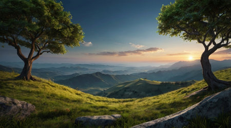 Sunset in the mountains. Panoramic view of the valley and mountains.の写真素材