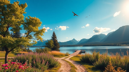 Panoramic view of the lake and mountains in Banff National Park, Canadaの写真素材