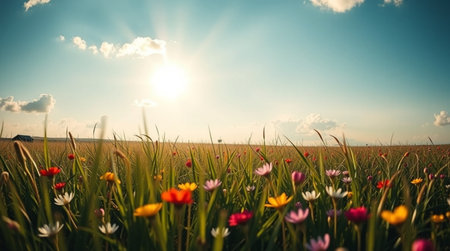 Beautiful summer meadow with colorful flowers. Panoramic viewの写真素材