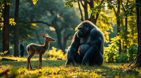 Gorilla and a little fawn in the park at sunsetの写真素材