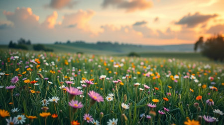 Beautiful meadow with wildflowers at sunset. Nature background