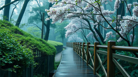 Wooden walkway in the park with blooming sakura flowersの写真素材