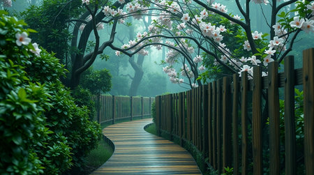 Wooden pathway in the park with beautiful flowers in the morning.の写真素材