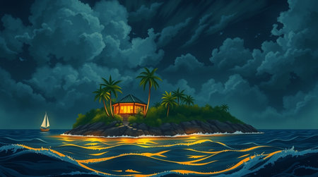 Illustration of a tropical island with palm trees and a house at nightの写真素材