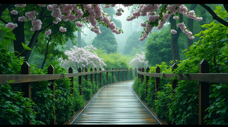 Wooden walkway in spring forest with blooming pink flowers.の写真素材