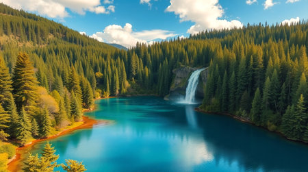 Fantastic panoramic aerial view of turquoise mountain lake. Picturesque summer scene of majestic alpine lake with waterfall and forest. Artistic style post processed photo.の写真素材