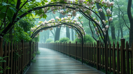 Beautiful view of a wooden pathway in the park with white flowersの写真素材