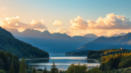Sunset over the lake with mountains in the backgroundの写真素材