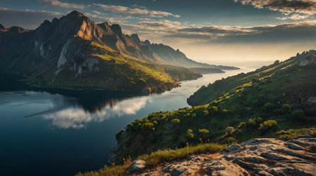 Beautiful mountain landscape with lake at sunrise. Panoramic viewの写真素材