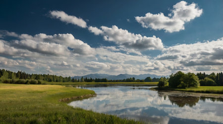 Landscape with lake and mountains in the background, Czech Republic.の写真素材