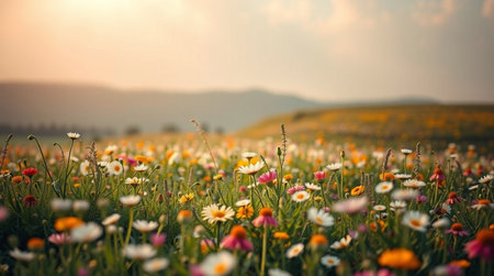 Meadow of daisies and daisies at sunsetの写真素材