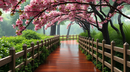 pink cherry blossoms and wooden bridge in the park, 3d renderの写真素材