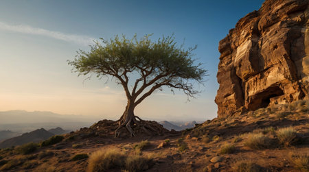 Panoramic view of a tree in the desert at sunset.の写真素材