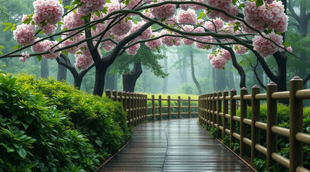 Wooden bridge in a beautiful spring garden with pink cherry blossomsの写真素材